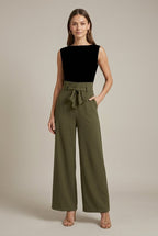 Women Trousers | High Paperbag Waist with Self-Tie Bow Belt - Evergreen Outfits- Trousers