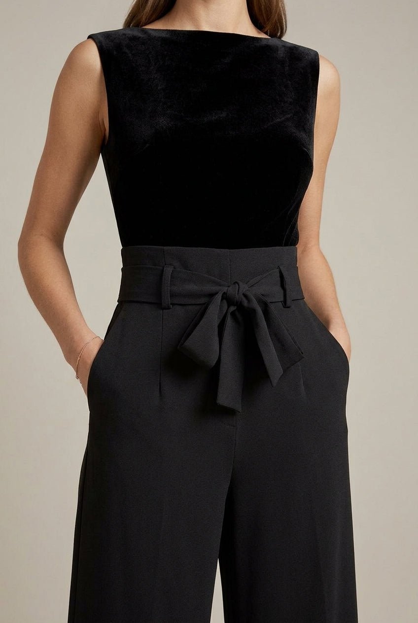 Women Trousers | High Paperbag Waist with Self-Tie Bow Belt - Evergreen Outfits- Trousers