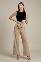 Women Trousers | High Paperbag Waist with Self-Tie Bow Belt - Evergreen Outfits- Trousers