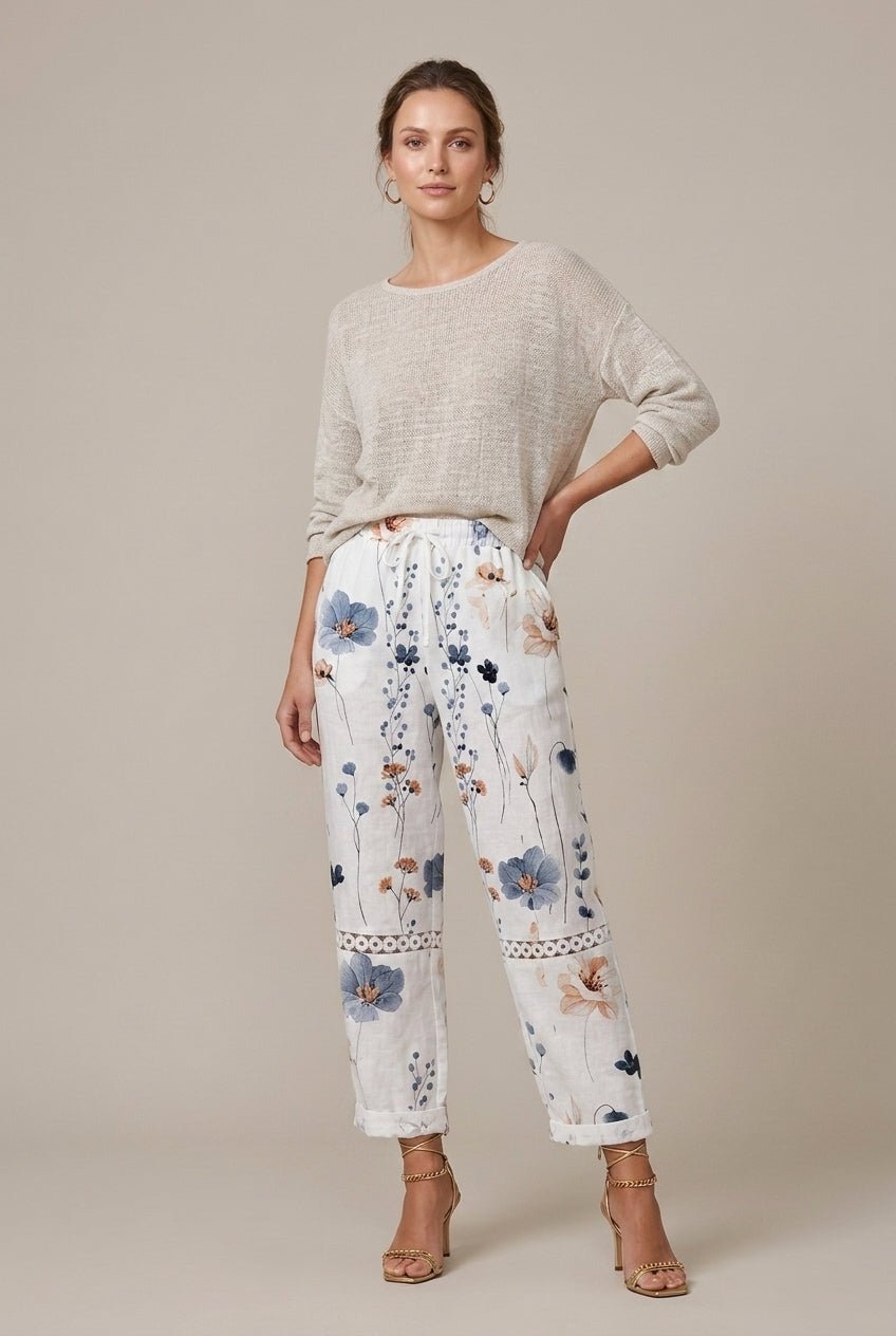 Women Trousers | Wide Leg Cropped Relaxed Fit with Drawstring - Evergreen Outfits- Trousers