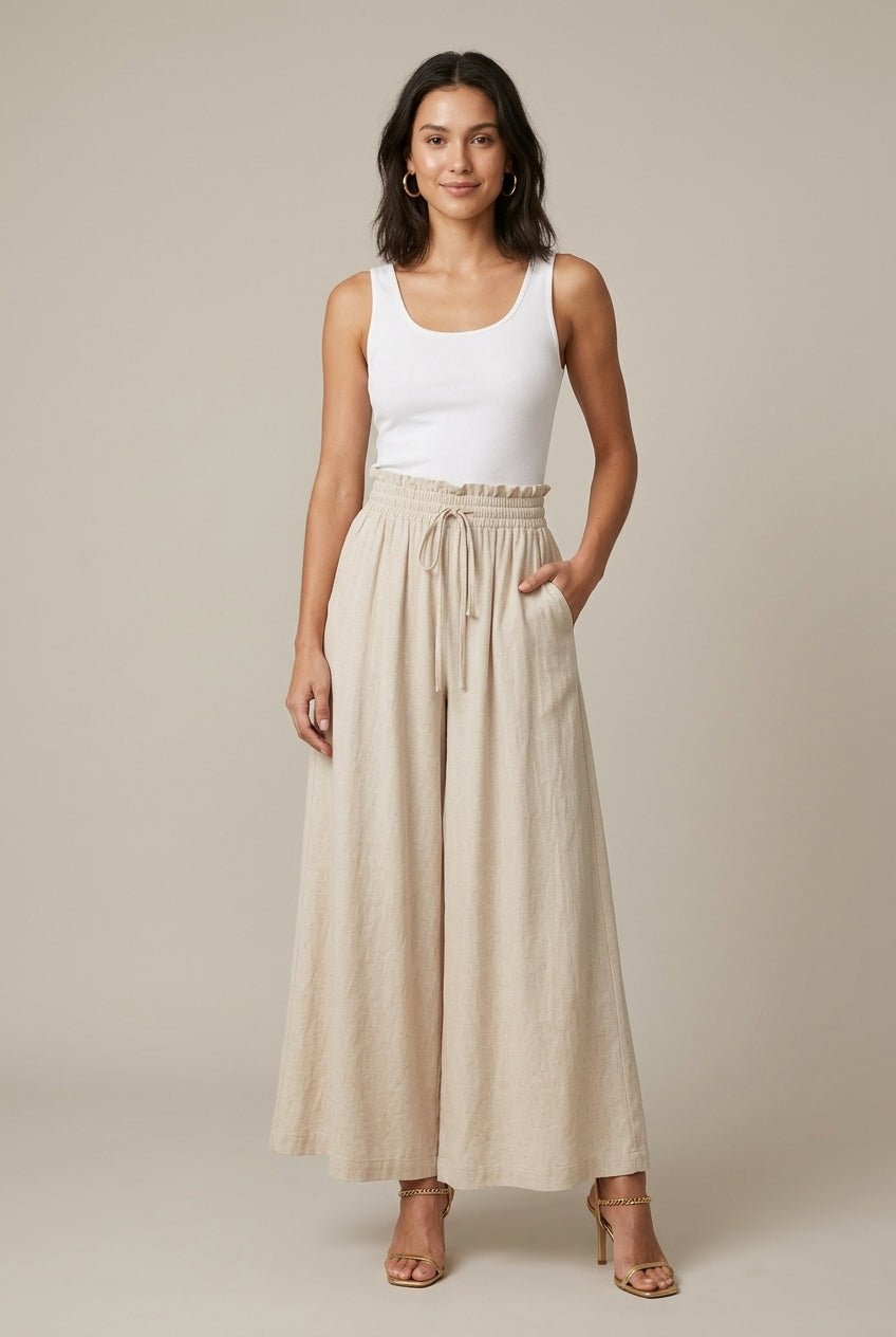 Women Trousers | Wide-Leg Palazzo with Drawstring Waist - Evergreen Outfits- Trousers