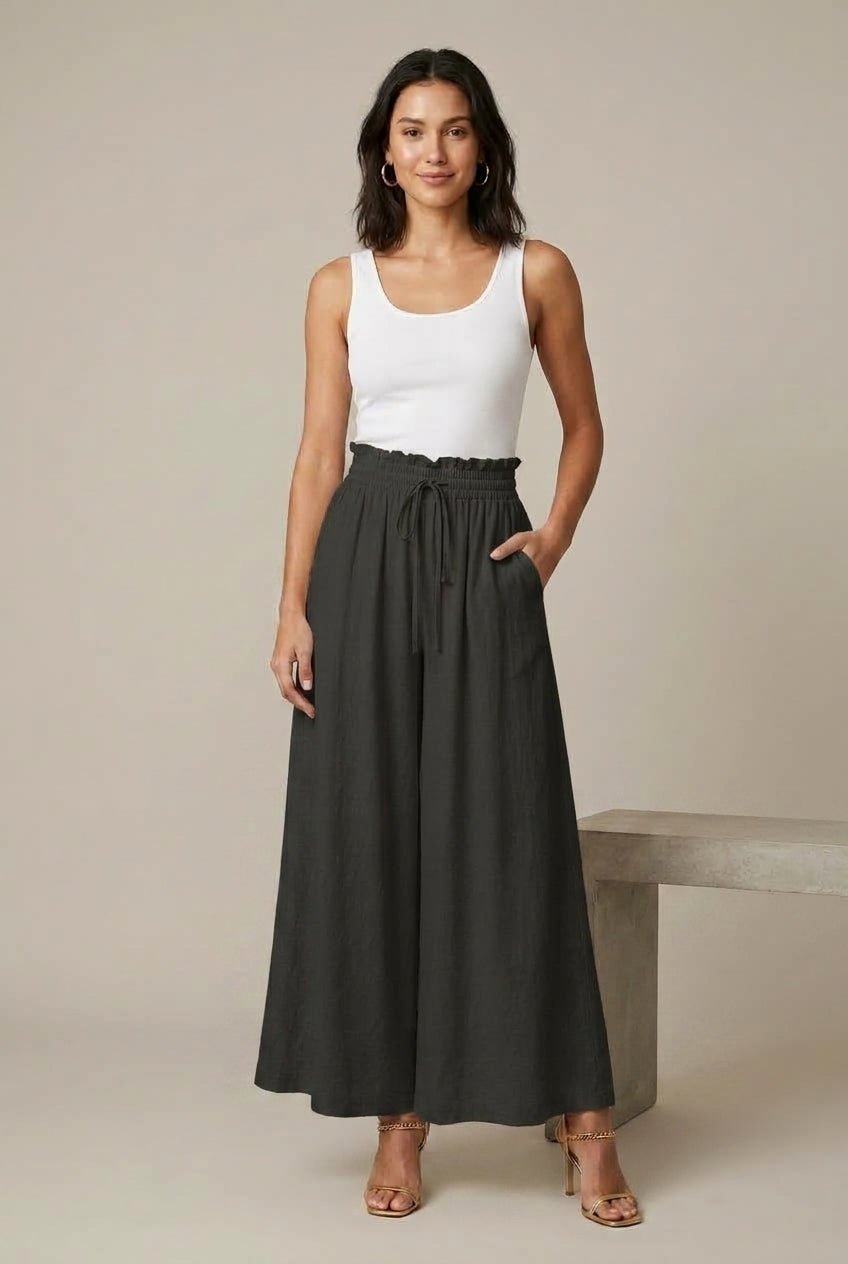 Women Trousers | Wide-Leg Palazzo with Drawstring Waist - Evergreen Outfits- Trousers