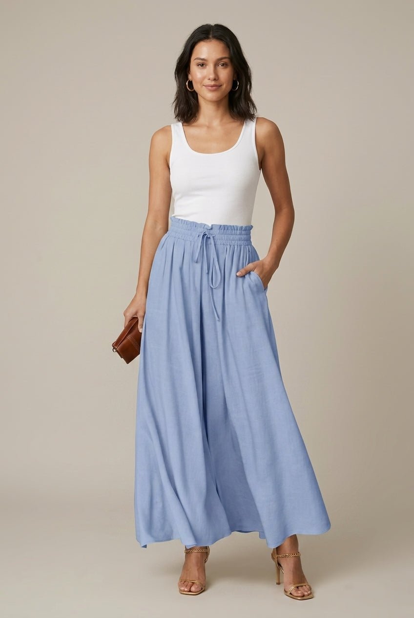 Women Trousers | Wide-Leg Palazzo with Drawstring Waist - Evergreen Outfits- Trousers