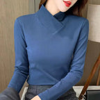 Women Turtleneck Top | Fitted Cut with V-Panel Collar Detail - Evergreen Outfits- top