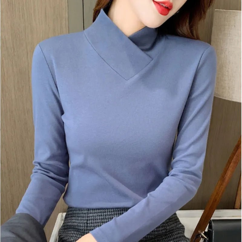 Women Turtleneck Top | Fitted Cut with V-Panel Collar Detail - Evergreen Outfits- top
