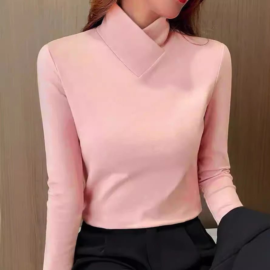 Women Turtleneck Top | Fitted Cut with V-Panel Collar Detail - Evergreen Outfits- top