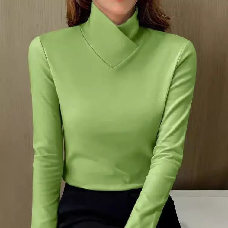 Women Turtleneck Top | Fitted Cut with V-Panel Collar Detail - Evergreen Outfits- top
