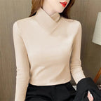 Women Turtleneck Top | Fitted Cut with V-Panel Collar Detail - Evergreen Outfits- top