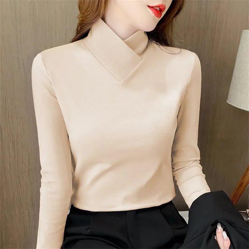 Women Turtleneck Top | Fitted Cut with V-Panel Collar Detail - Evergreen Outfits- top