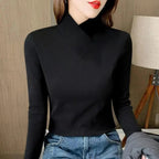 Women Turtleneck Top | Fitted Cut with V-Panel Collar Detail - Evergreen Outfits- top
