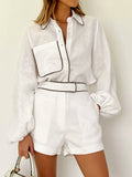 Women Two Piece Set Cotton Linen Structured Contrast Fit - Evergreen Outfits - Women Set