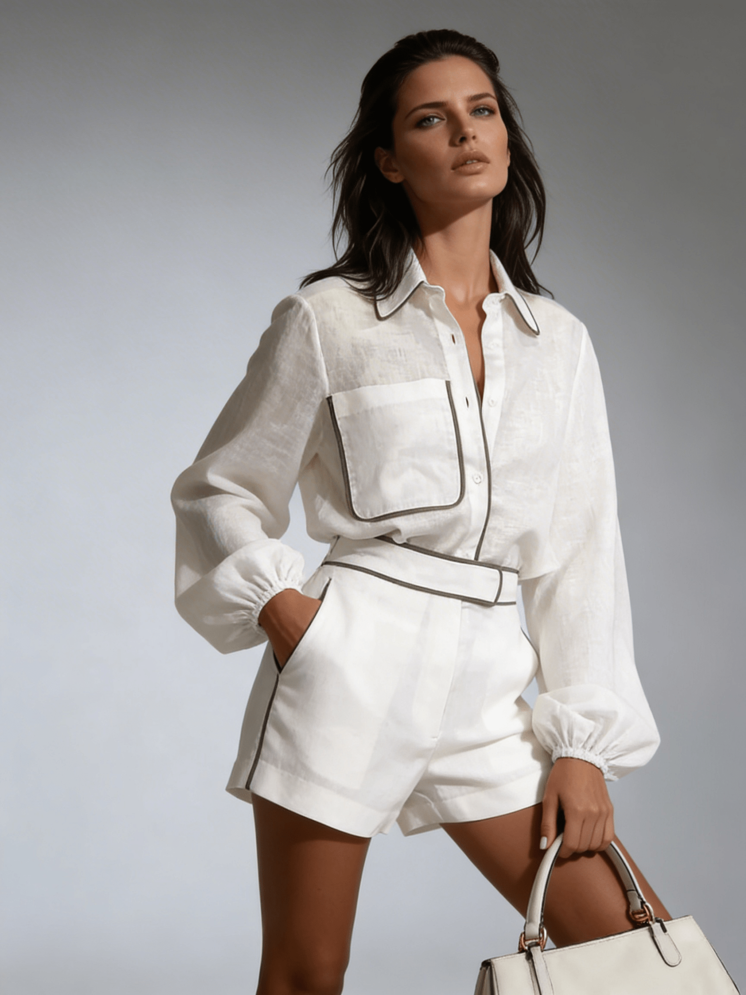 Women Two Piece Set Cotton Linen Structured Contrast Fit - Evergreen Outfits - Women Set