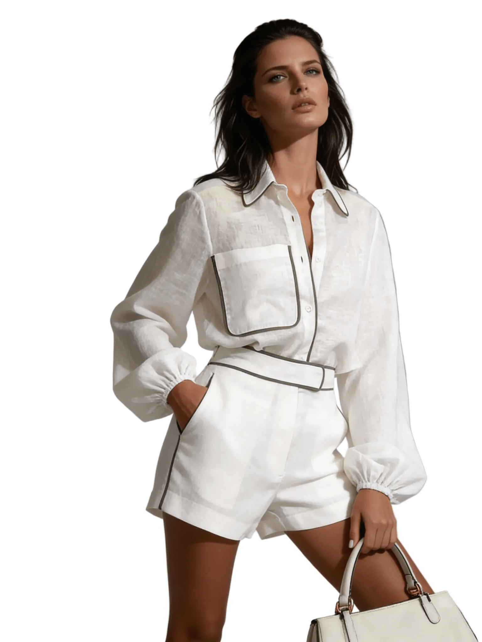 Women Two Piece Set Cotton Linen Structured Contrast Fit - Evergreen Outfits - Women Set