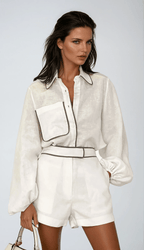 Women Two Piece Set Cotton Linen Structured Contrast Fit - Evergreen Outfits - Women Set