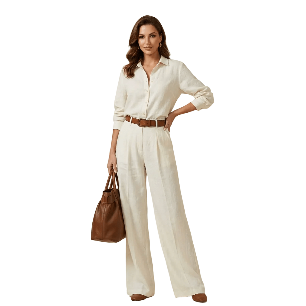 Women Two Piece Set Loose Fit Button Wide Leg Design - Evergreen Outfits - Women Set