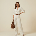 Women Two Piece Set Loose Fit Button Wide Leg Design - Evergreen Outfits - Women Set
