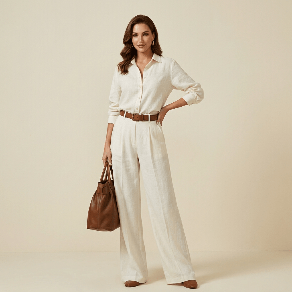 Women Two Piece Set Loose Fit Button Wide Leg Design - Evergreen Outfits - Women Set