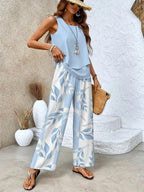 Women Two Piece Set Printed Layered Top Wide Leg Pants - Evergreen Outfits - Women Set