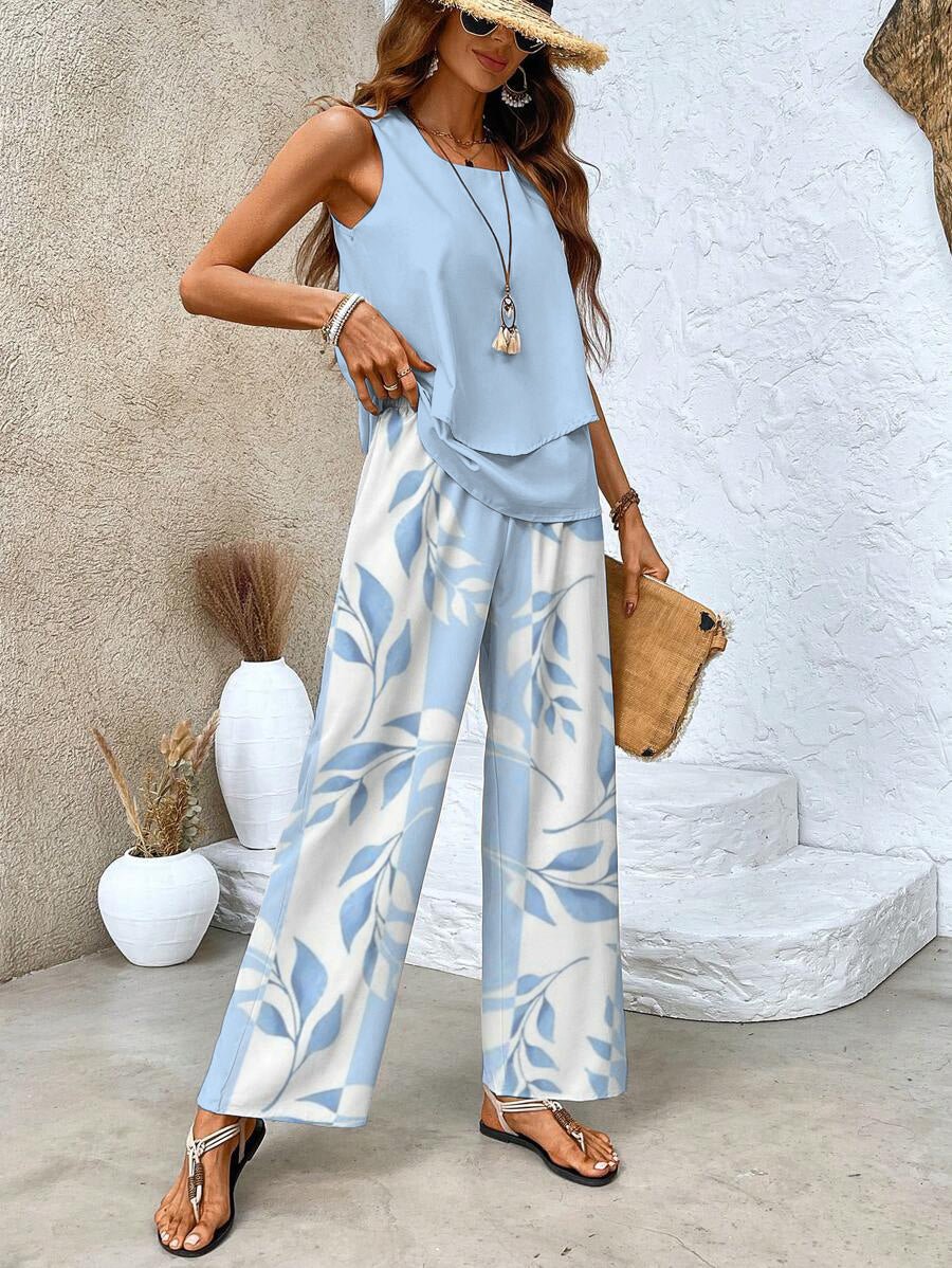 Women Two Piece Set Printed Layered Top Wide Leg Pants - Evergreen Outfits - Women Set