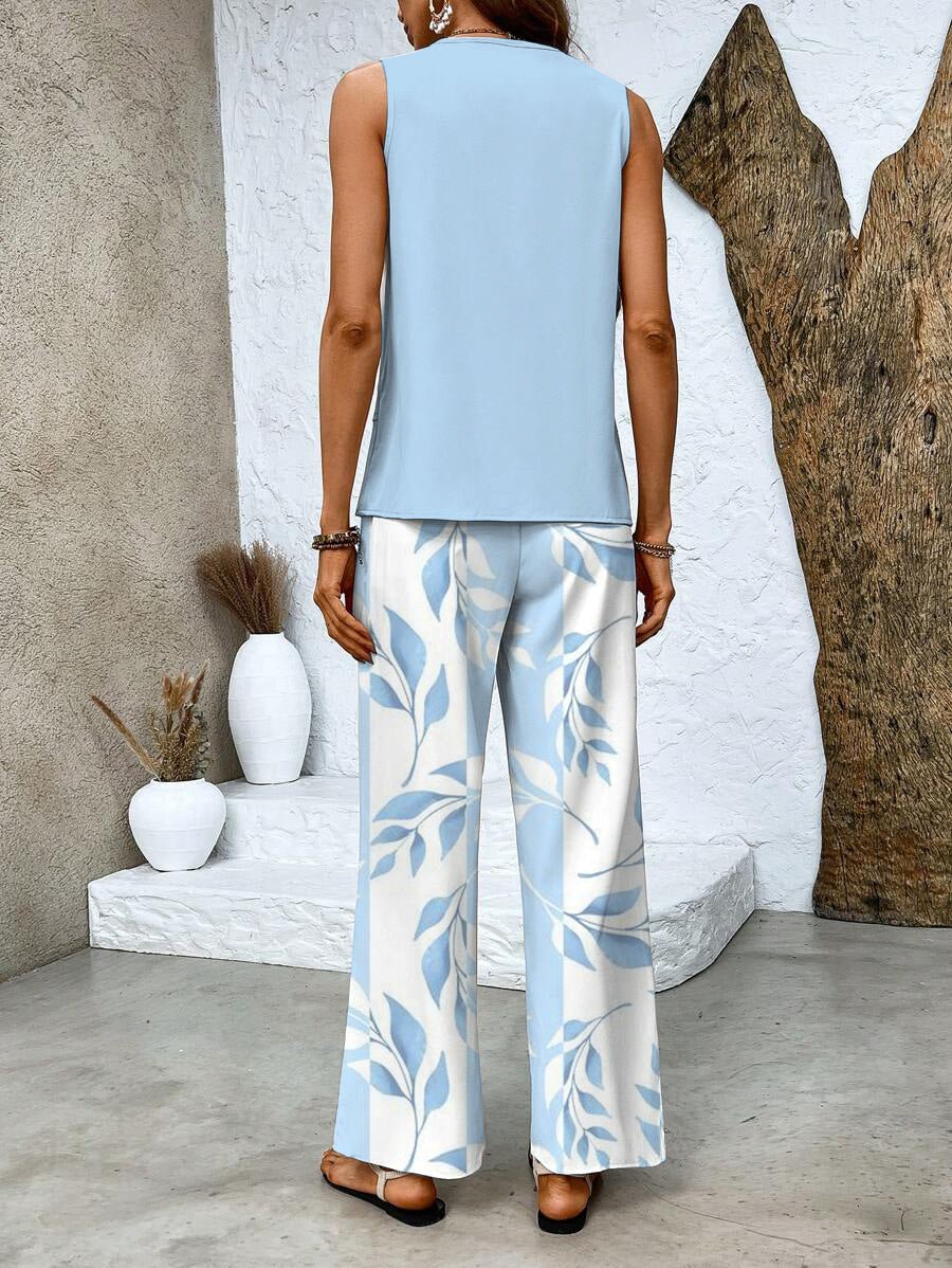 Women Two Piece Set Printed Layered Top Wide Leg Pants - Evergreen Outfits - Women Set