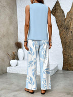 Women Two Piece Set Printed Layered Top Wide Leg Pants - Evergreen Outfits - Women Set