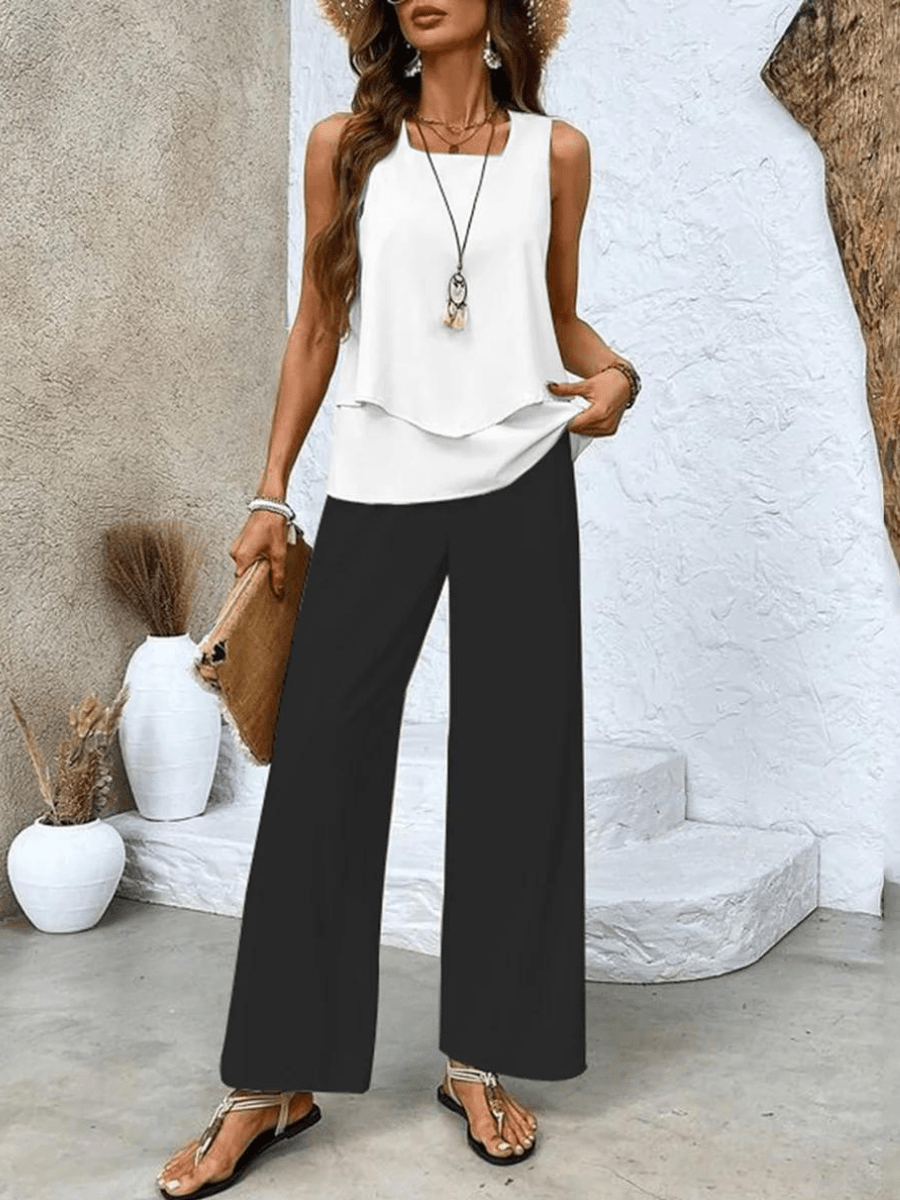 Women Two Piece Set Printed Layered Top Wide Leg Pants - Evergreen Outfits - Women Set