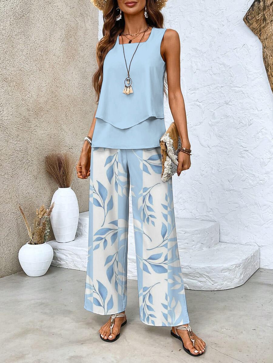 Women Two Piece Set Printed Layered Top Wide Leg Pants - Evergreen Outfits - Women Set