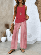 Women Two Piece Set Printed Layered Top Wide Leg Pants - Evergreen Outfits - Women Set