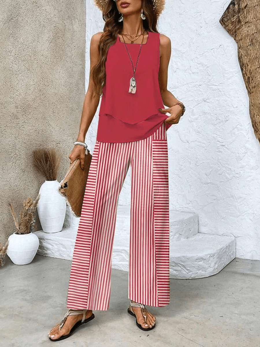 Women Two Piece Set Printed Layered Top Wide Leg Pants - Evergreen Outfits - Women Set