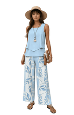 Women Two Piece Set Printed Layered Top Wide Leg Pants - Evergreen Outfits - Women Set