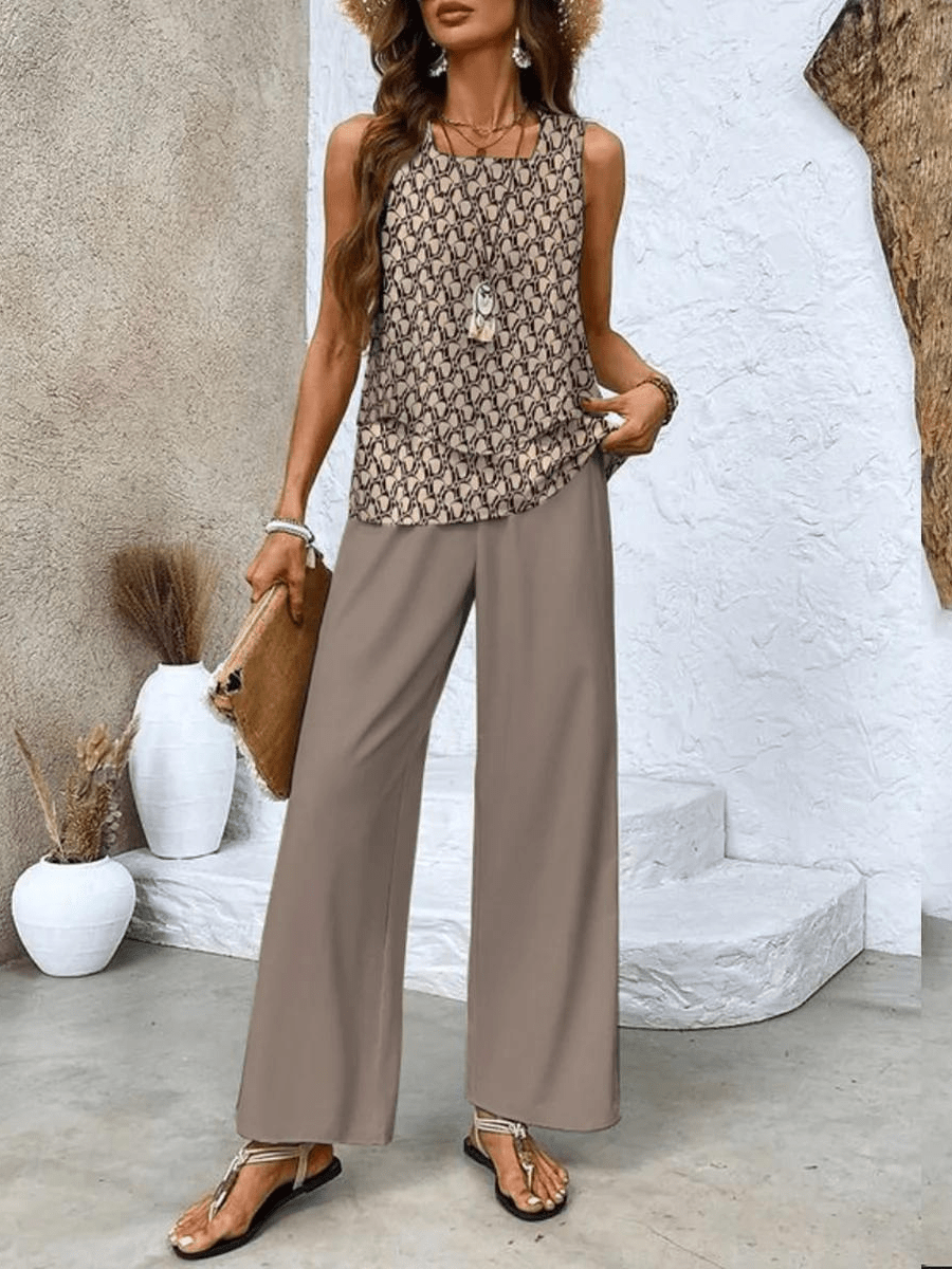 Women Two Piece Set Printed Layered Top Wide Leg Pants - Evergreen Outfits - Women Set