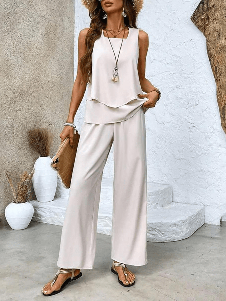 Women Two Piece Set Printed Layered Top Wide Leg Pants - Evergreen Outfits - Women Set