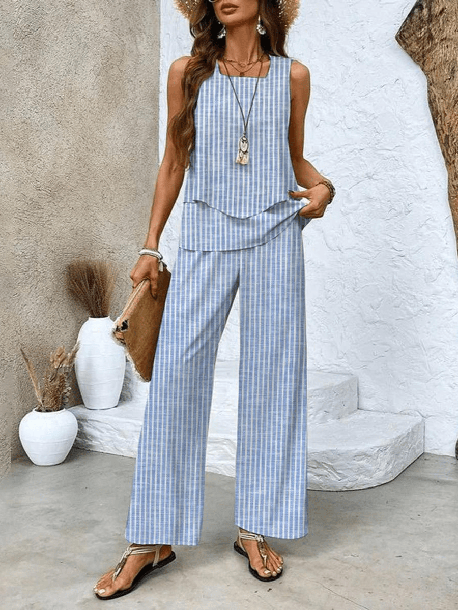 Women Two Piece Set Printed Layered Top Wide Leg Pants - Evergreen Outfits - Women Set