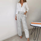 Women Two Piece Set Relaxed Top Elastic Waist Trousers - Evergreen Outfits - Women Set