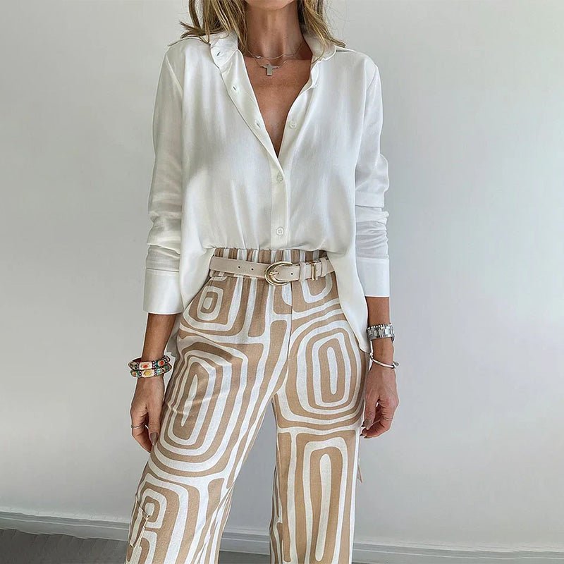 Women Two Piece Set Relaxed Top Elastic Waist Trousers - Evergreen Outfits - Women Set