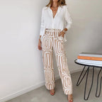 Women Two Piece Set Relaxed Top Elastic Waist Trousers - Evergreen Outfits - Women Set