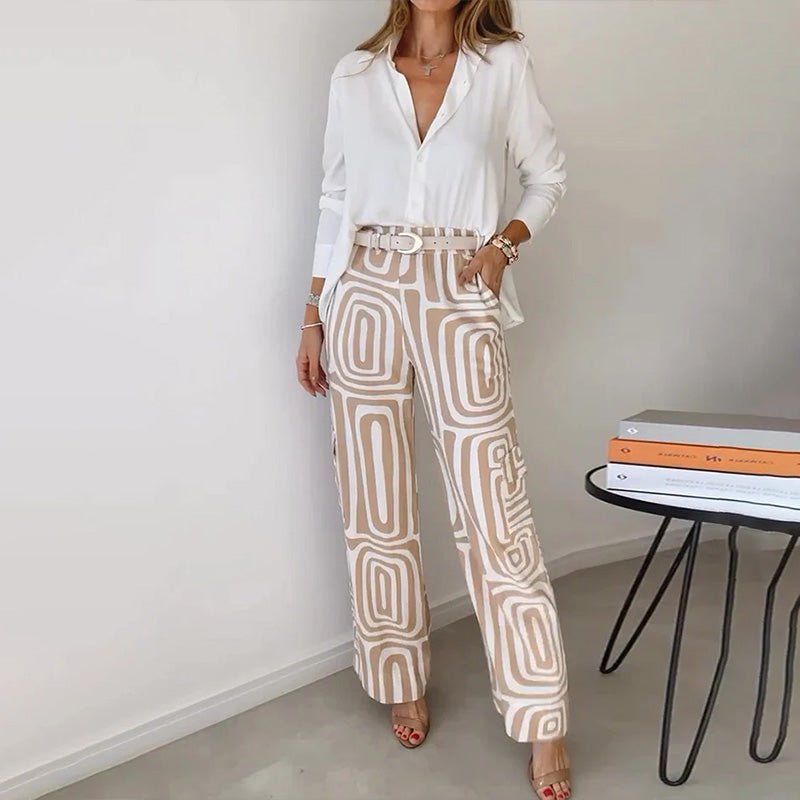 Women Two Piece Set Relaxed Top Elastic Waist Trousers - Evergreen Outfits - Women Set