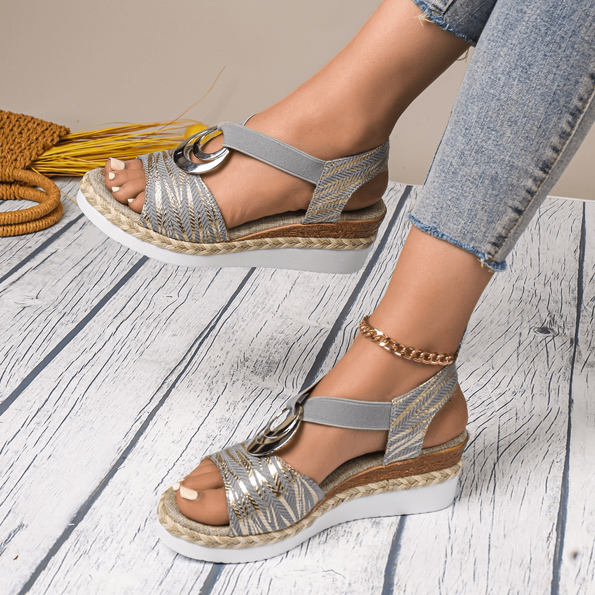 Women Wedge Sandals Open Toe Ankle Strap Closure Fit - Evergreen Outfits - Women Sandal