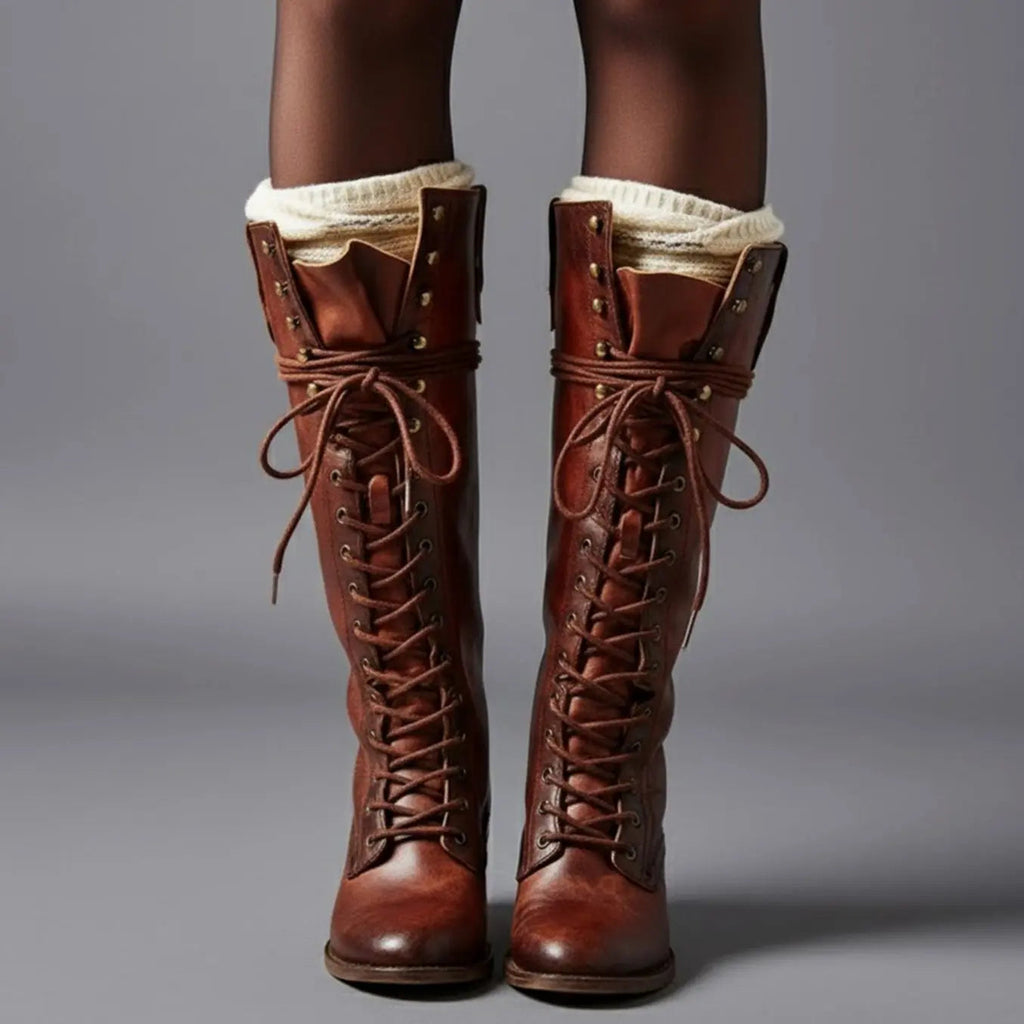 Women Boots | Knee-High Lace-Up Front with Block Heel