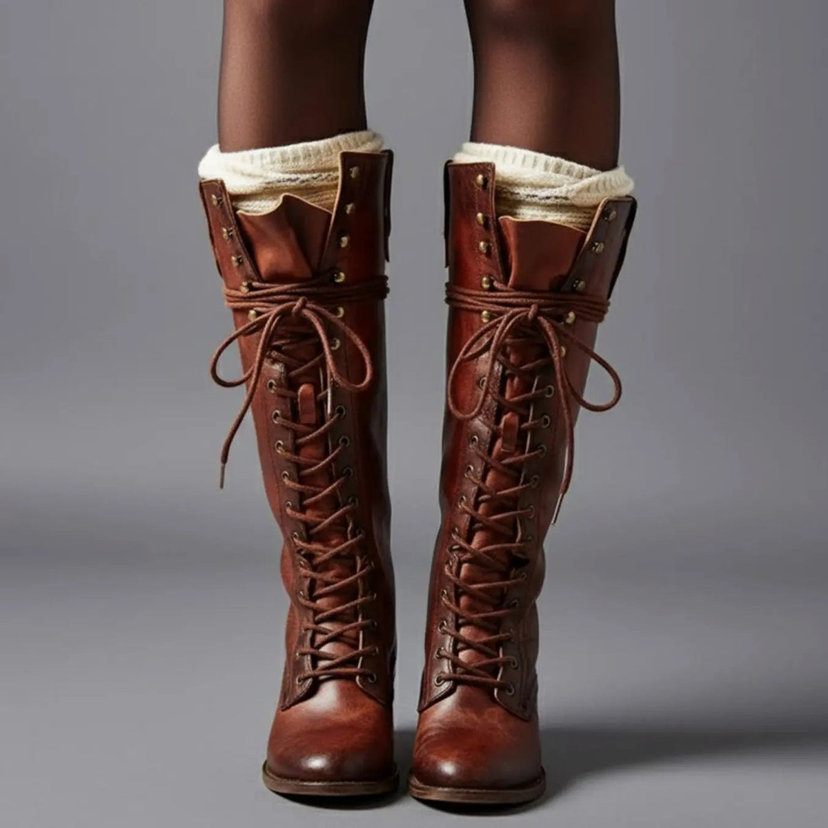 Women Boots | Knee-High Lace-Up Front with Block Heel