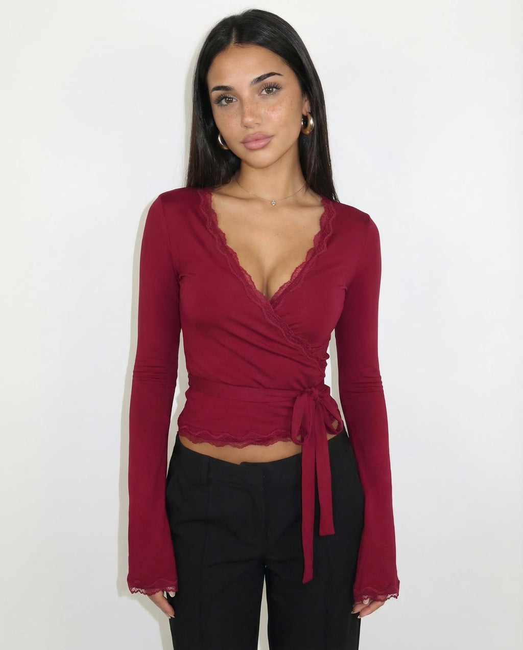 Wrap Top Women Lace Trim Deep Neck Flare Sleeve Design - Evergreen Outfits - Women Top